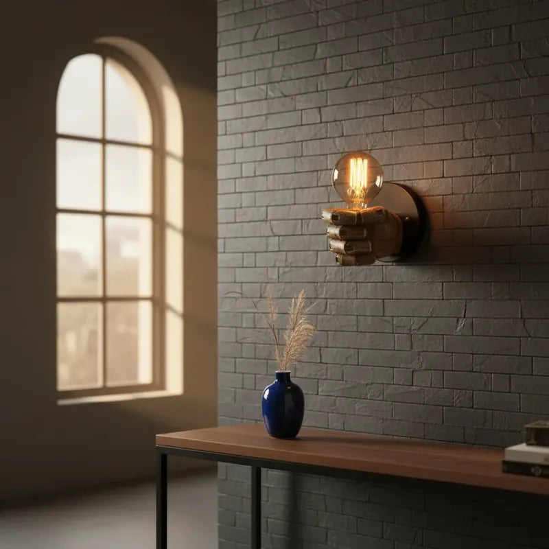 Lampara Pared Aplique Rustico Puño E27 Diseño Mano Premium Marrón